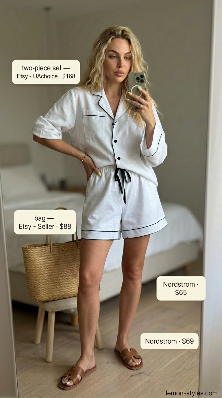 Effortless summer outfits for women over 30 2026: White linen shorts set with straw tote and leather slides.