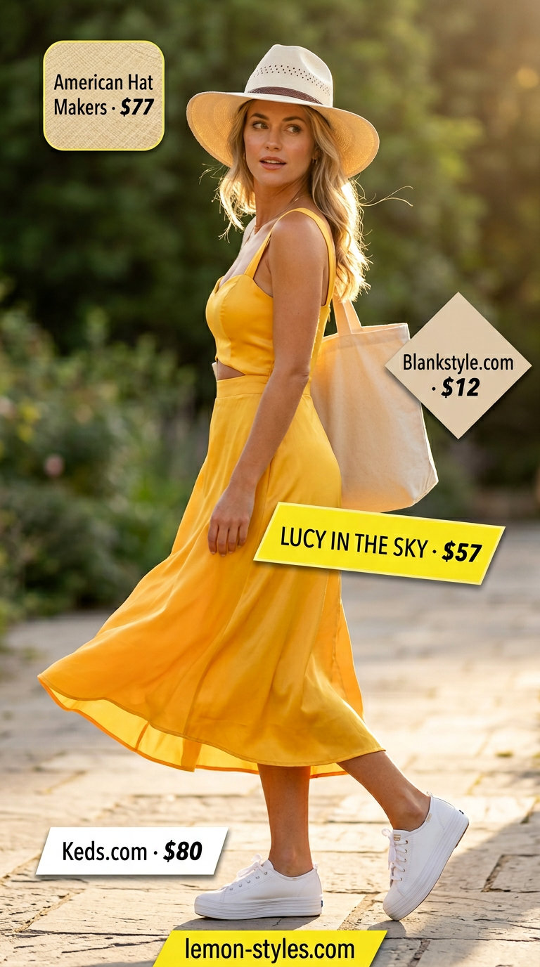 Effortless summer outfits for women over 30 2026: Yellow sundress, white sneakers, straw hat, and canvas tote for casual daytime.