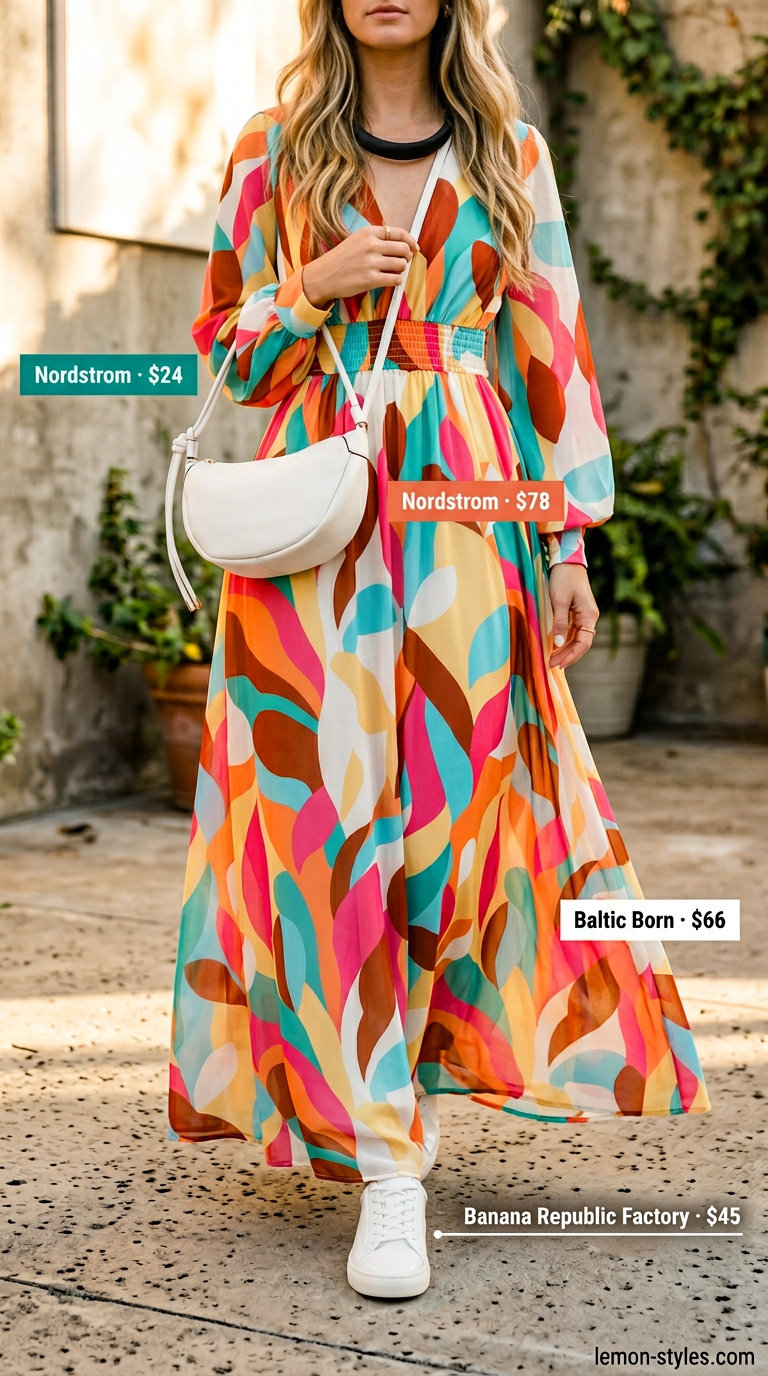 Artful multi-color abstract print flowy maxi dress for summer events 2026, with white sneakers and a structured bag.