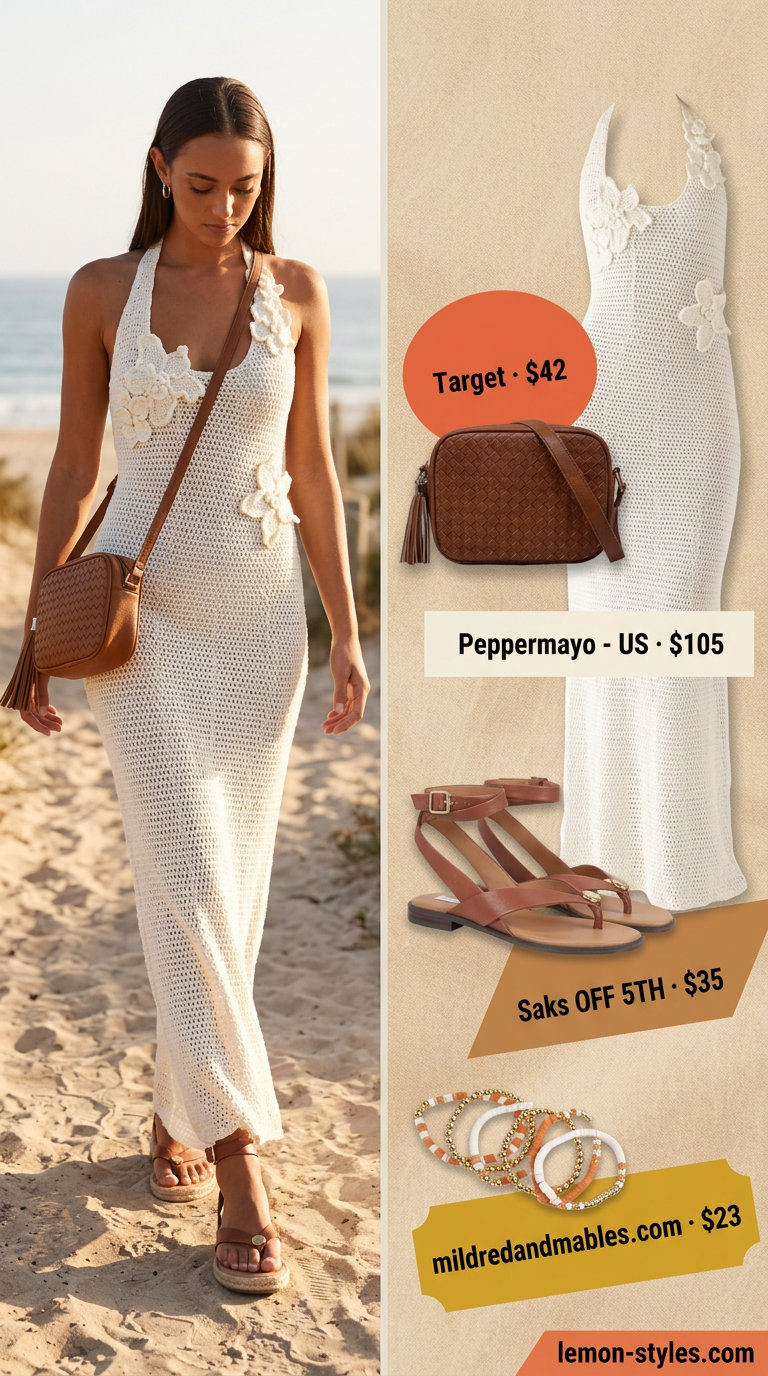 Elegant summer flowy maxi dresses 2026: Ivory crochet maxi dress, tan sandals, straw bag, and beaded bracelet for a boho beach day.