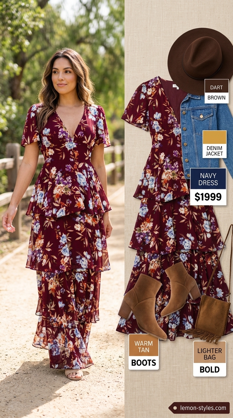 Boho festival outfit: Multicolor floral flowy maxi dress, denim jacket, suede boots & fringe bag. Elegant summer flowy maxi dresses 2026.