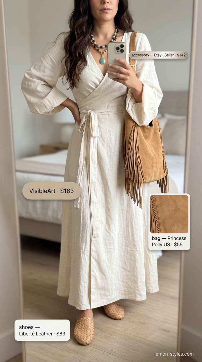 Boho linen maxi dress: Beige peasant sleeve flowy linen maxi, woven slides, layered necklaces & crossbody bag. Elegant summer flowy maxi dresses 2026.