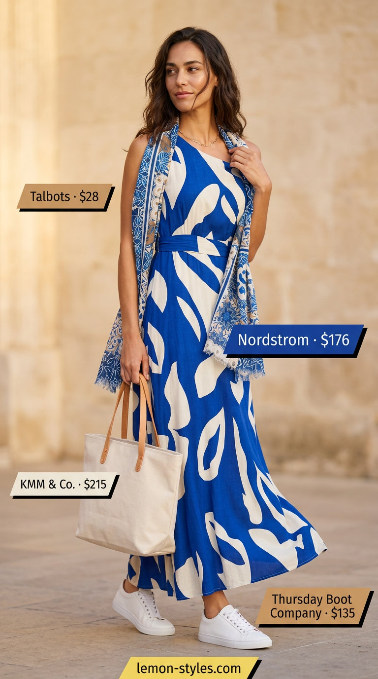 Elegant summer flowy maxi dresses 2026: Navy abstract print maxi dress, white sneakers, canvas tote, and oversized scarf for brunch.