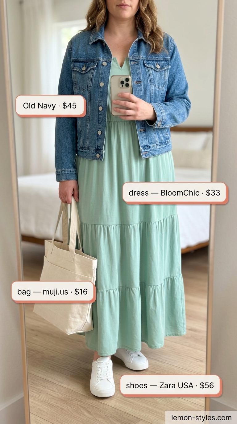 Casual pastel mint green flowy maxi dress for summer days 2026, with a denim jacket and white sneakers.