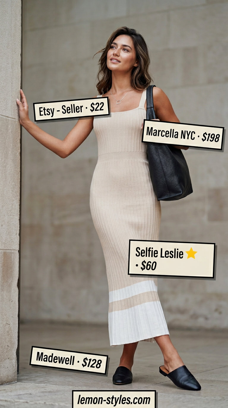 Sophisticated beige ribbed knit maxi dress for city summer outings 2026, with black mules and silver necklace.