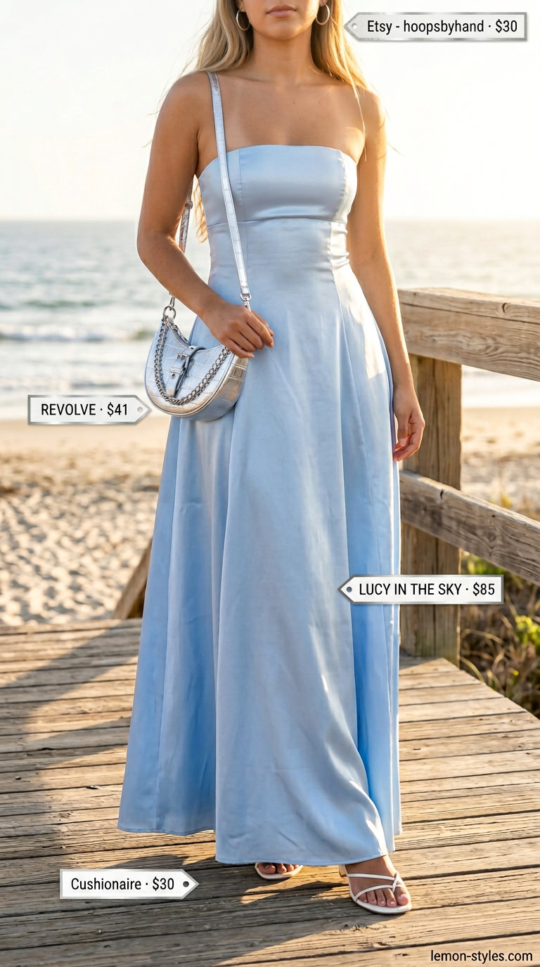 Elegant summer flowy maxi dresses 2026: Powder blue sleeveless maxi dress, minimalist sandals, silver bag, and delicate earrings for coastal vibes.