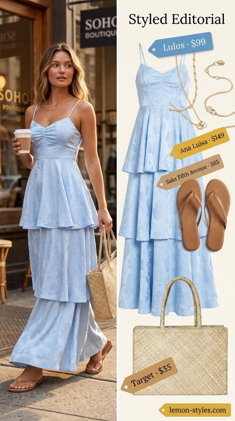Coastal breeze maxi dress: Light sky blue flowy maxi, straw tote, layered necklaces & leather thong sandals. Elegant summer flowy maxi dresses 2026.