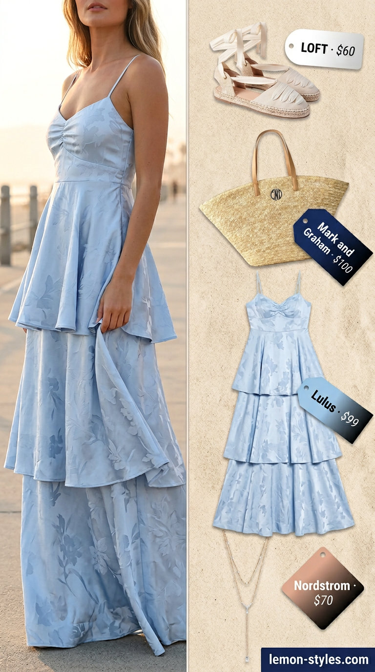 Coastal breeze outfit: Sky blue tiered flowy maxi dress, straw tote, espadrille wedges & layered necklaces. Elegant summer flowy maxi dresses 2026.