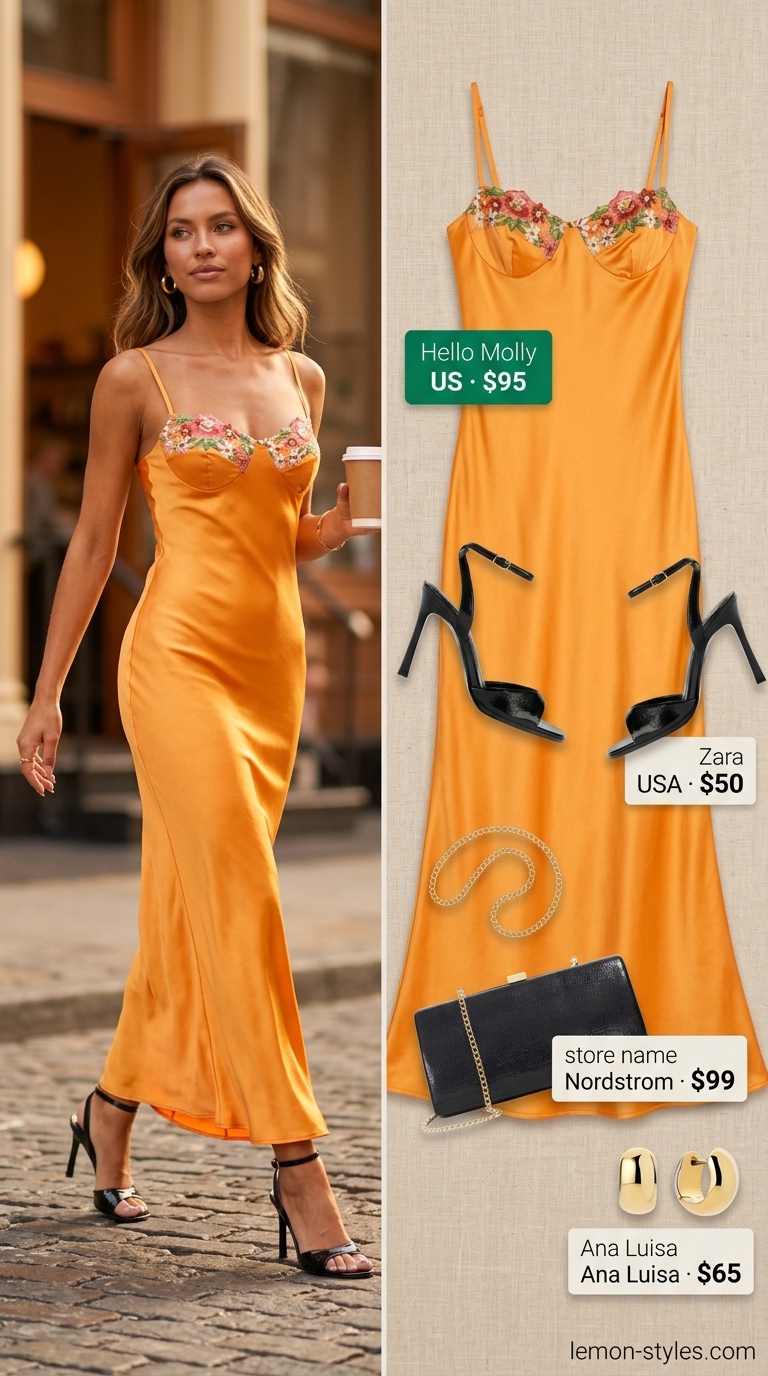 Elegant summer flowy maxi dresses 2026: Vibrant orange satin maxi dress, black heels, clutch, and gold hoops for a cocktail party.