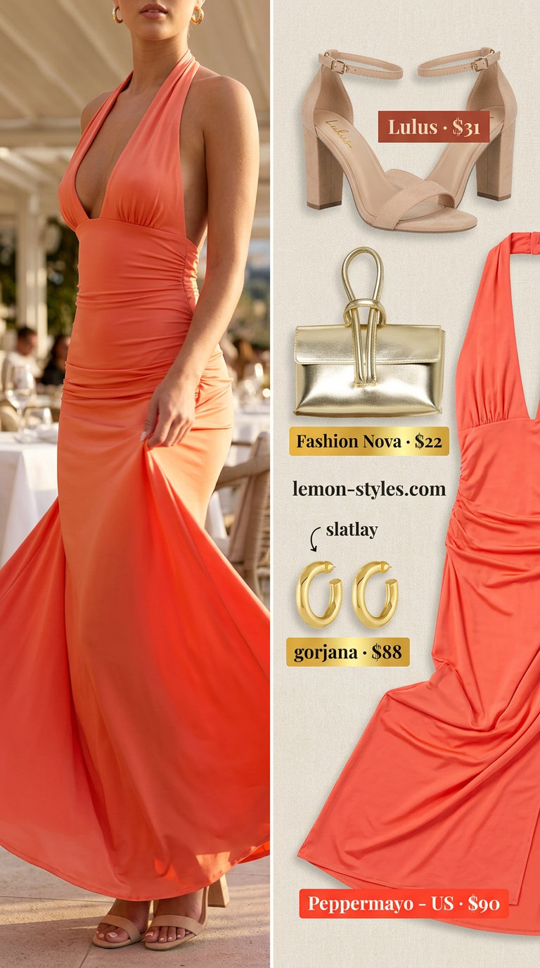 Sunset serenade maxi dress: Coral halter flowy maxi, nude heels, gold hoops & metallic clutch. Elegant summer flowy maxi dresses 2026.