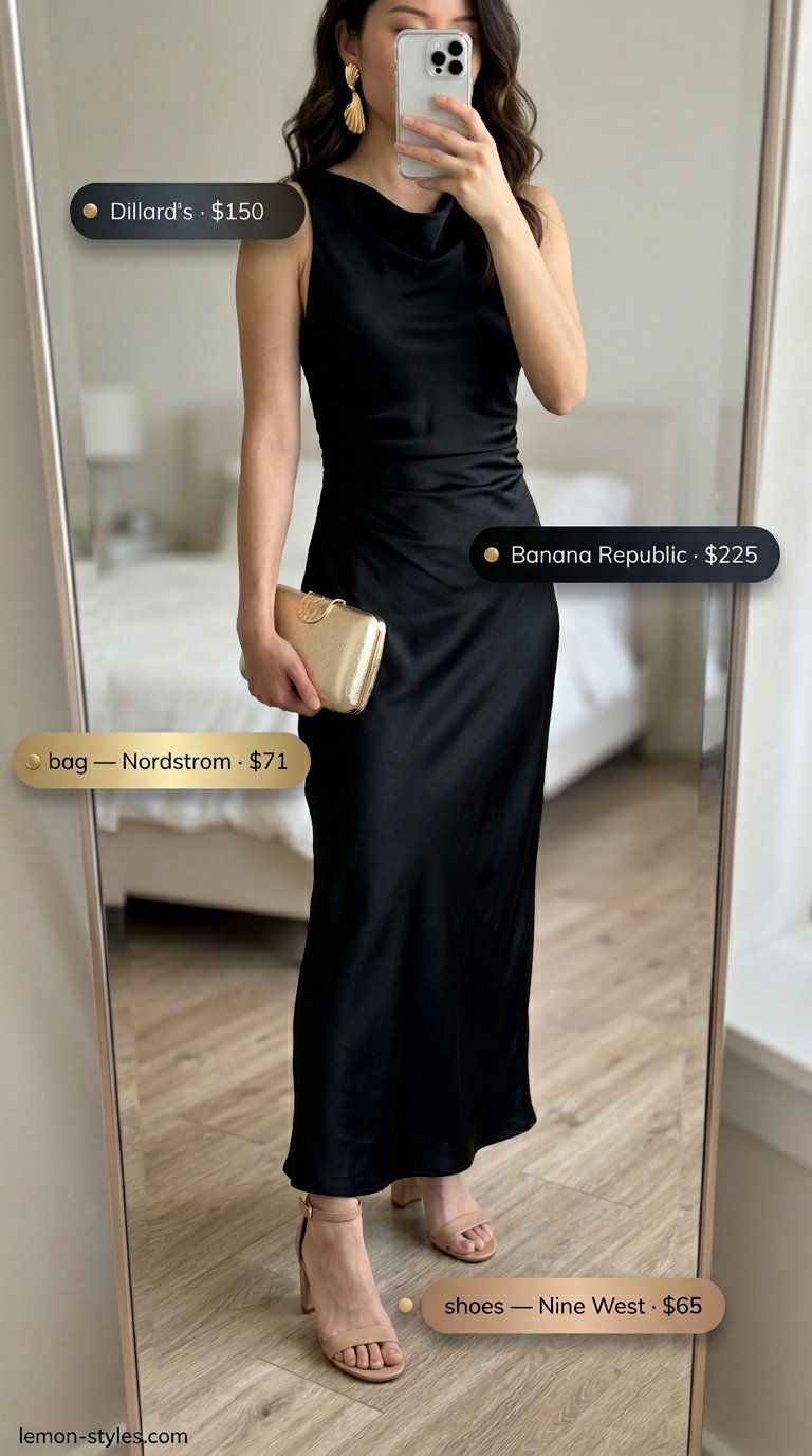Elegant evening maxi dress: Black cowl neck flowy maxi with slit, gold clutch, statement earrings & strappy heels. Elegant summer flowy maxi dresses 2026.