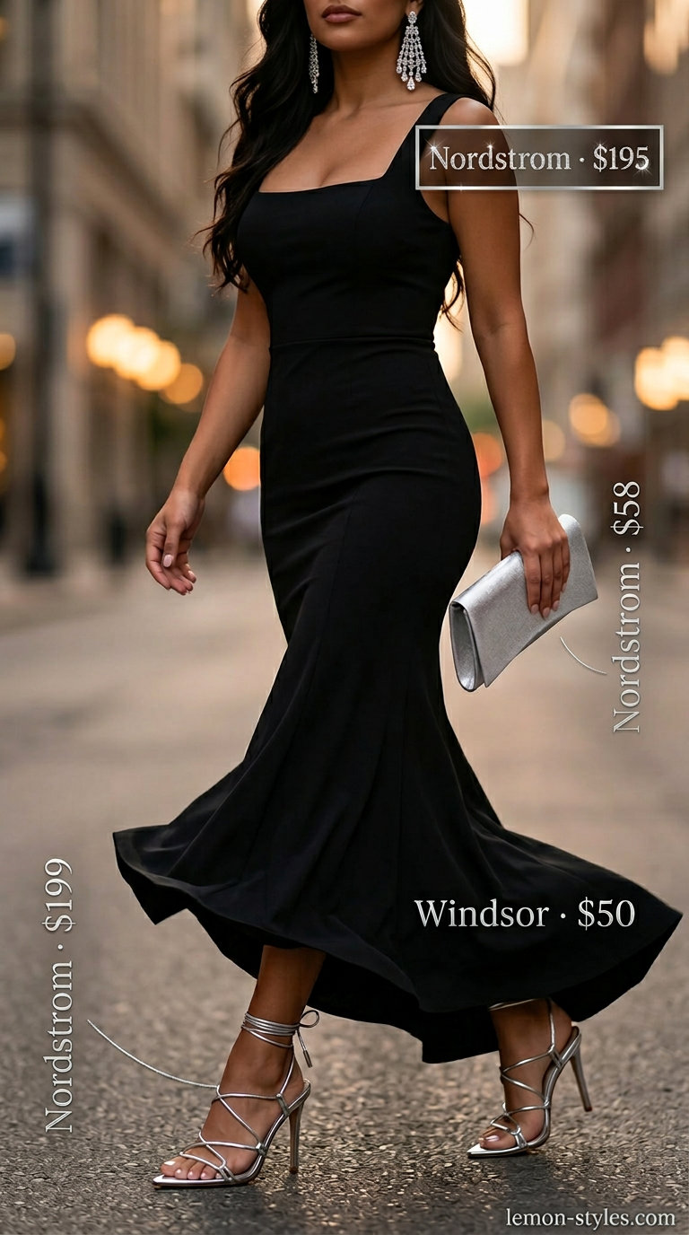 Elegant black fitted maxi dress for formal summer events 2026, with silver heels and statement earrings.
