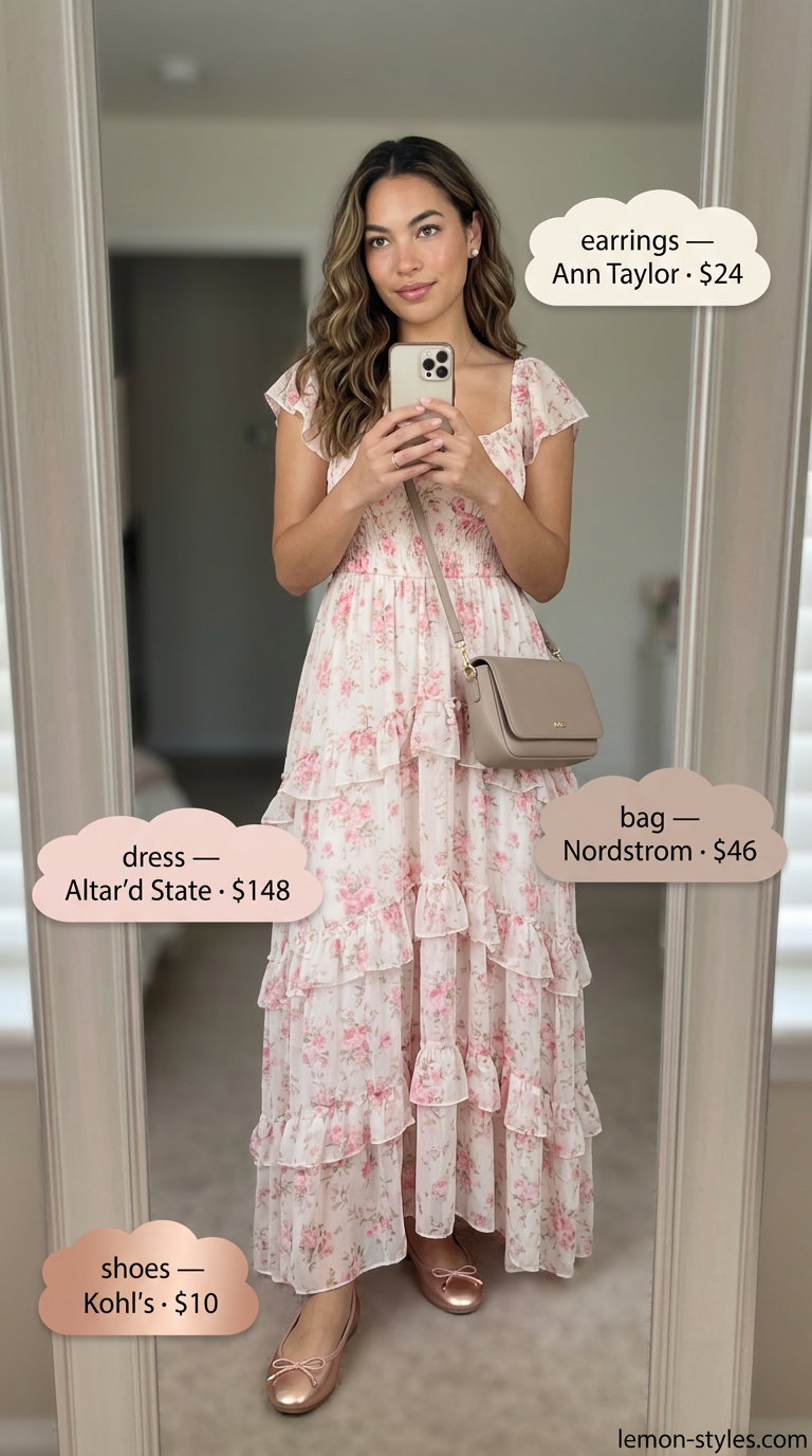 Romantic floral maxi dress: Blush pink floral flowy maxi, rose gold flats, pearl studs & chain shoulder bag. Elegant summer flowy maxi dresses 2026.