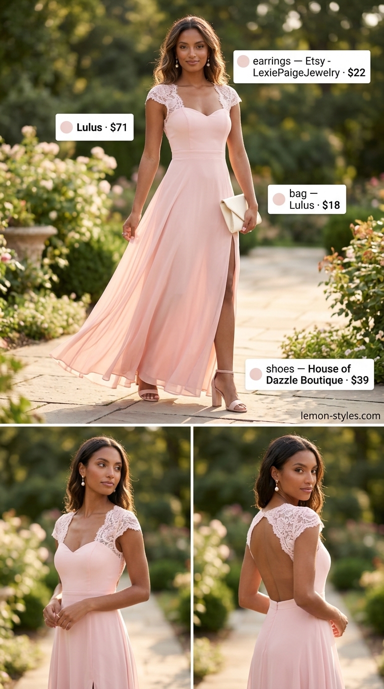 Elegant garden party outfit: Blush pink lace flowy maxi dress, nude block heels, pearl earrings & ivory clutch. Elegant summer flowy maxi dresses 2026.