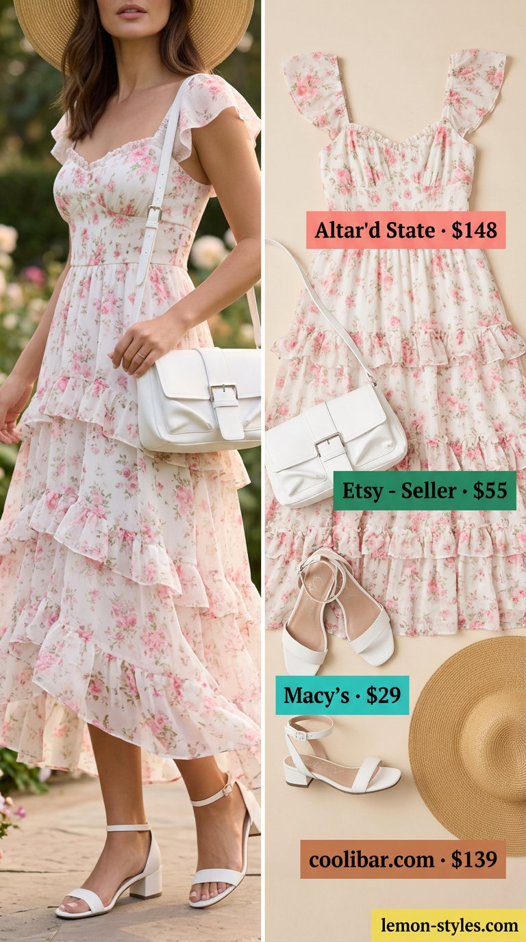 Elegant summer flowy maxi dresses 2026: Pastel floral maxi dress, block heels, straw hat, and crossbody bag for a garden party.
