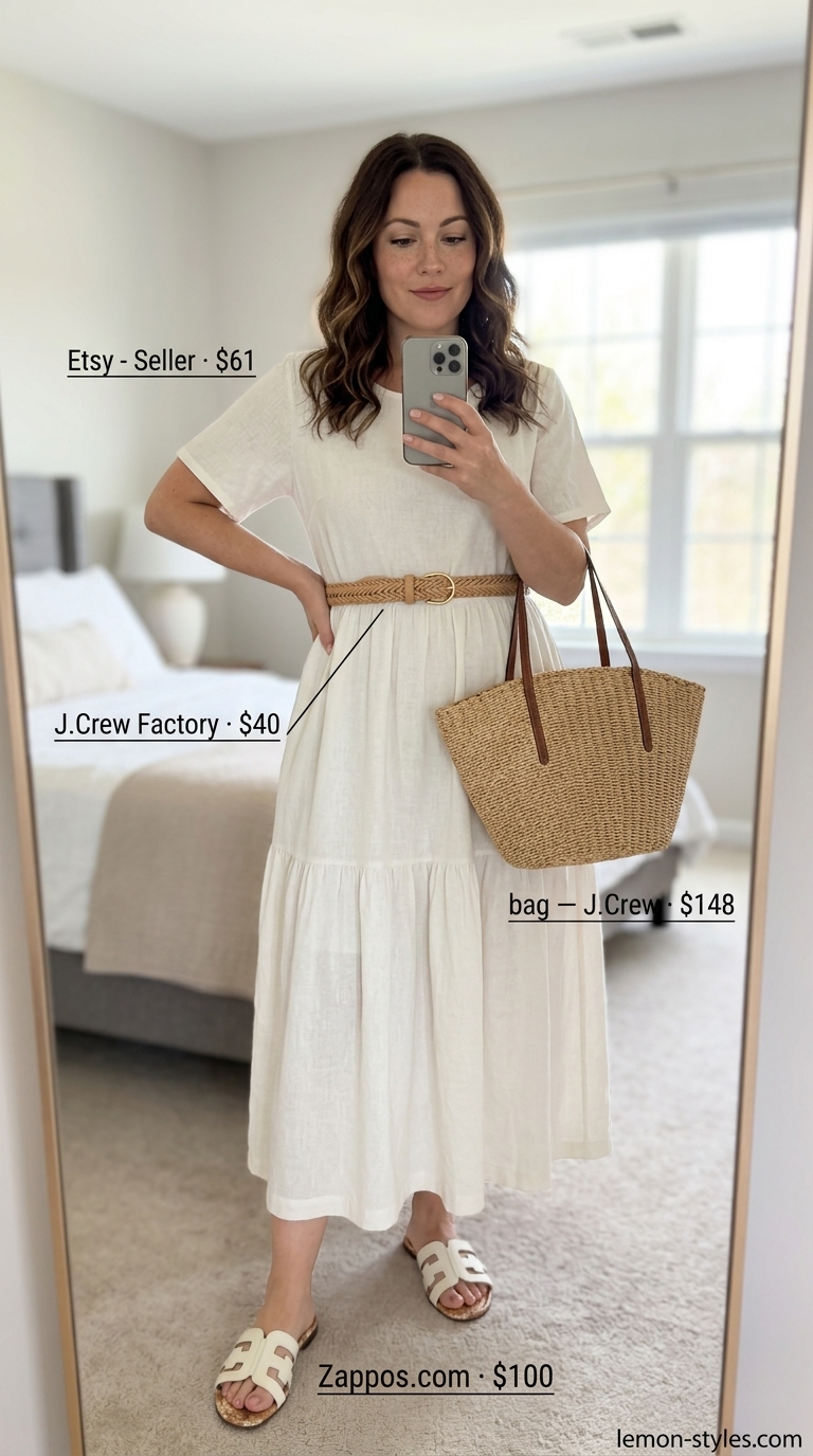 Effortless linen maxi dress: Tan short-sleeve flowy linen maxi, leather slides, braided belt & straw tote. Elegant summer flowy maxi dresses 2026.