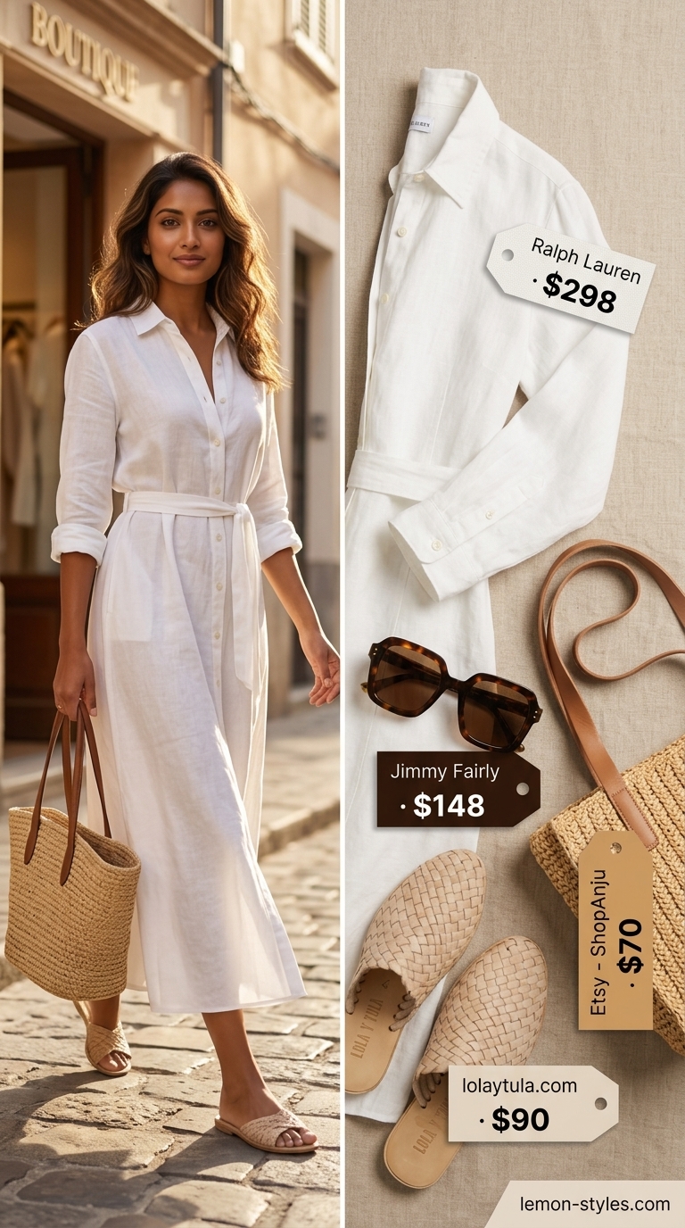 Chic white linen shirt maxi dress for summer vacation 2026, with slide sandals and raffia tote.