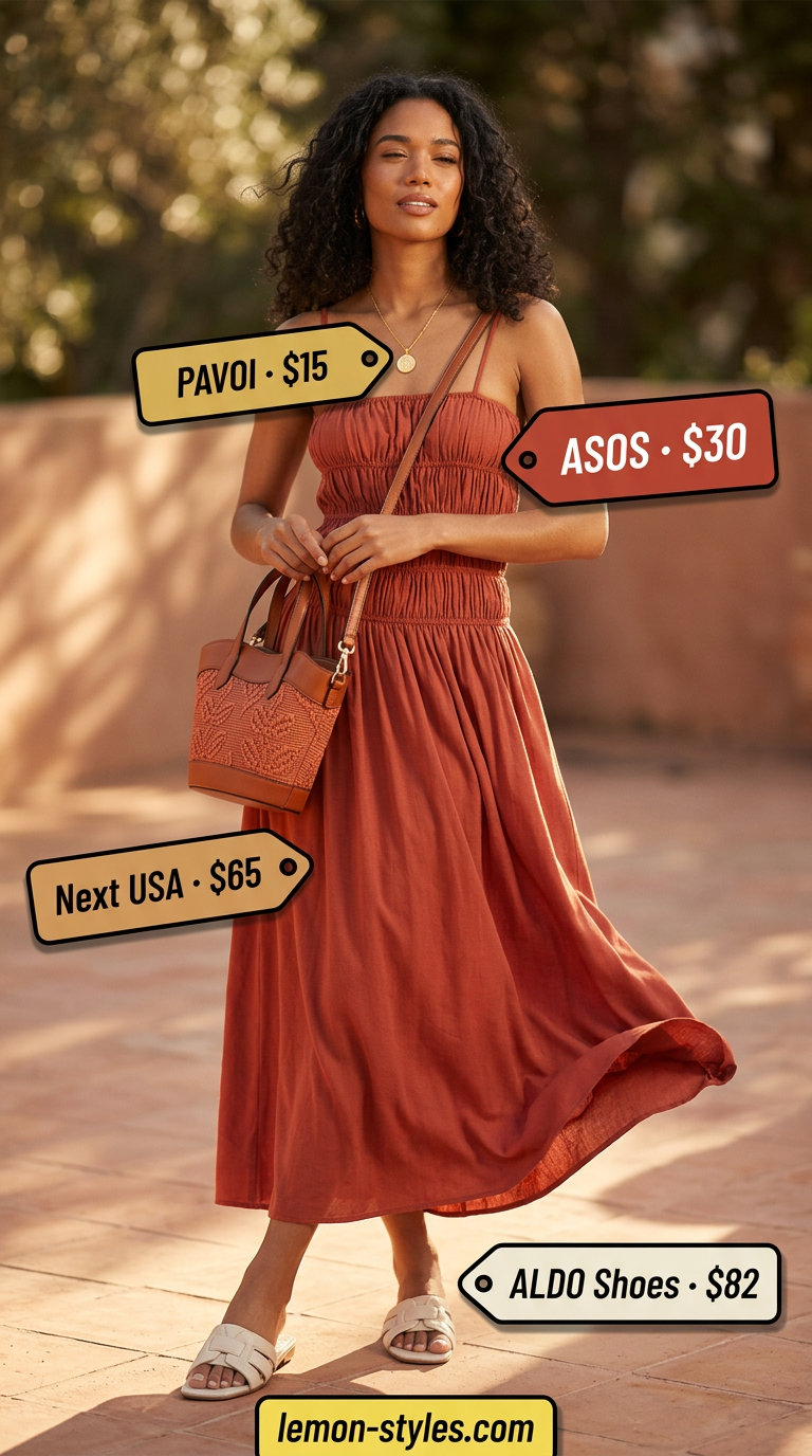 Chic terracotta linen blend square neck maxi dress for summer vacation 2026, with leather slides and raffia bag.