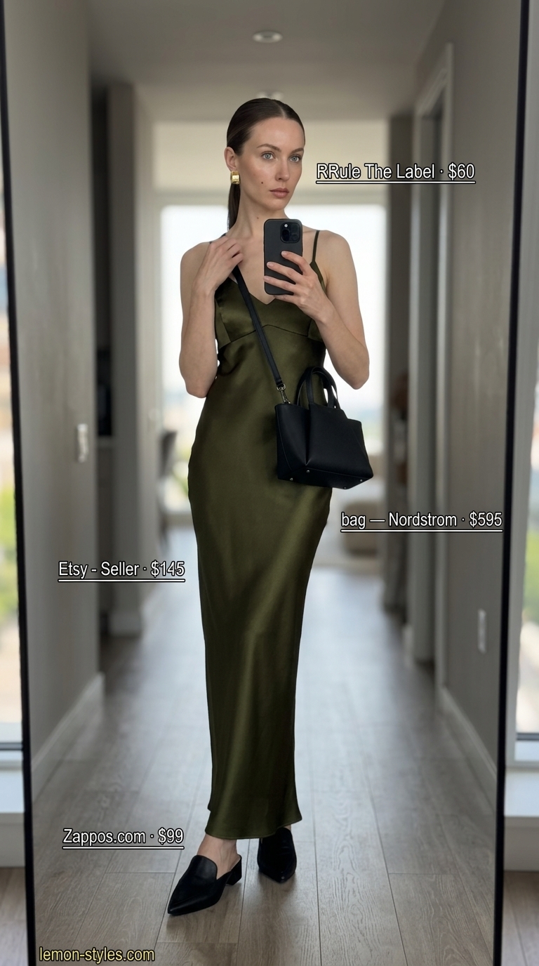 Elegant summer flowy maxi dresses 2026: Olive green satin slip maxi dress, black mules, gold earrings, and geometric bag for modern chic.
