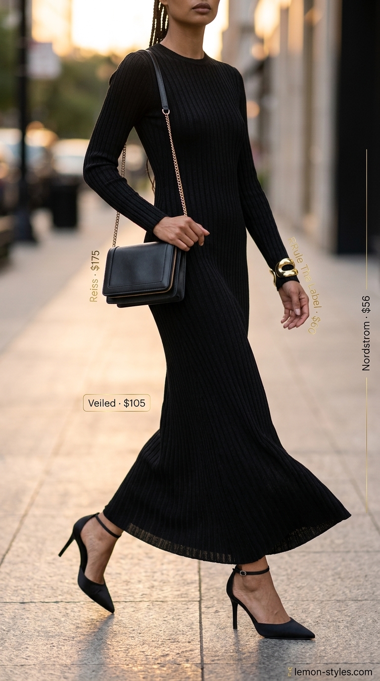 Elegant black ribbed knit maxi dress for summer evening dates 2026, paired with gold jewelry and black heels.