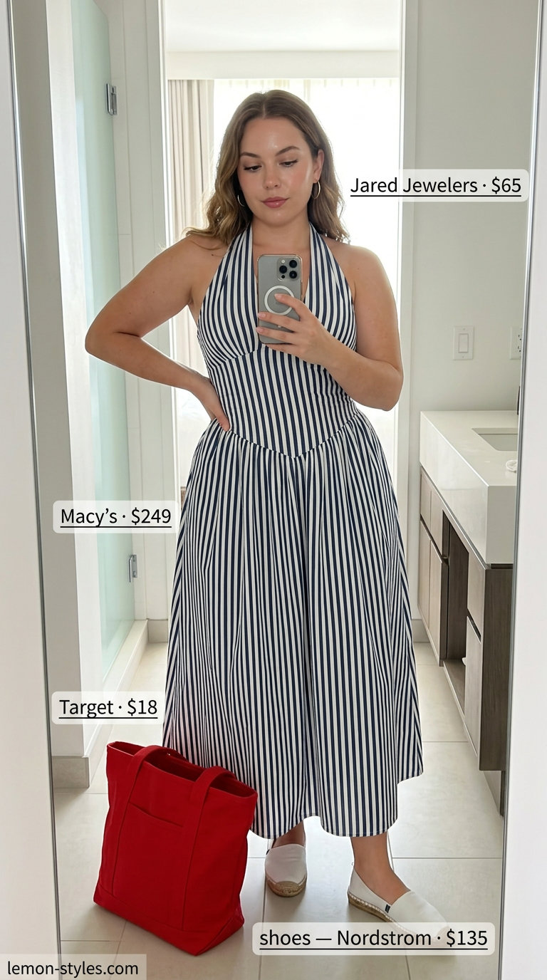 Elegant summer flowy maxi dresses 2026: Navy and white striped halter maxi dress, white espadrilles, red tote, and gold hoops for a nautical look.