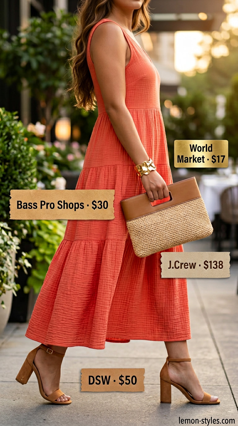 Vibrant coral flowy tiered maxi dress for summer evening dates 2026, with block heels and gold jewelry.