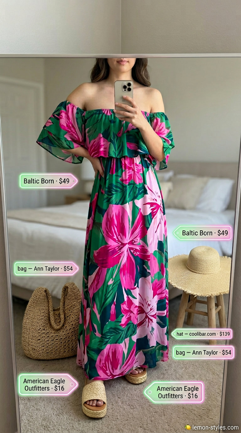 Elegant summer flowy maxi dresses 2026: Tropical floral maxi dress, espadrilles, straw tote, and wide-brimmed hat for a getaway.