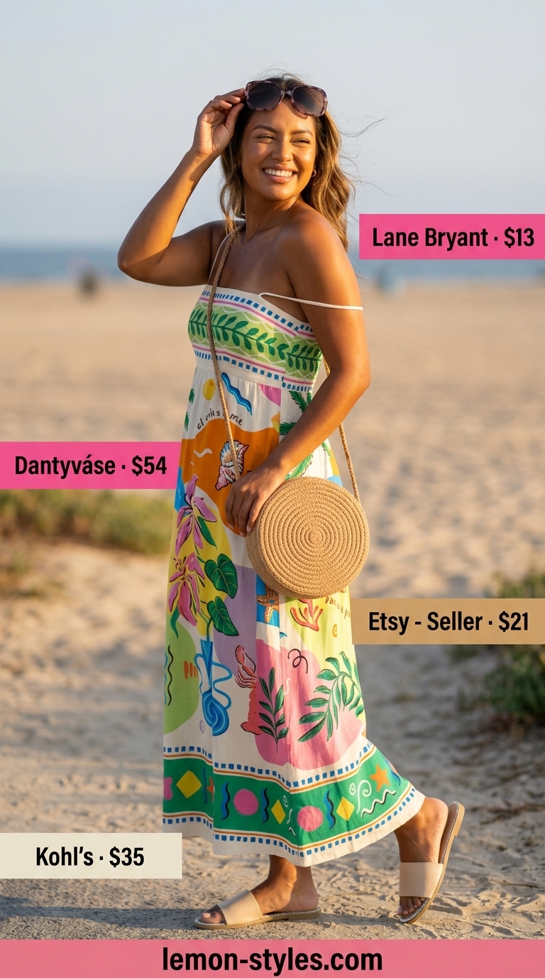 Vibrant tropical print flowy maxi dress for summer vacation 2026, with straw bag and flat slides.