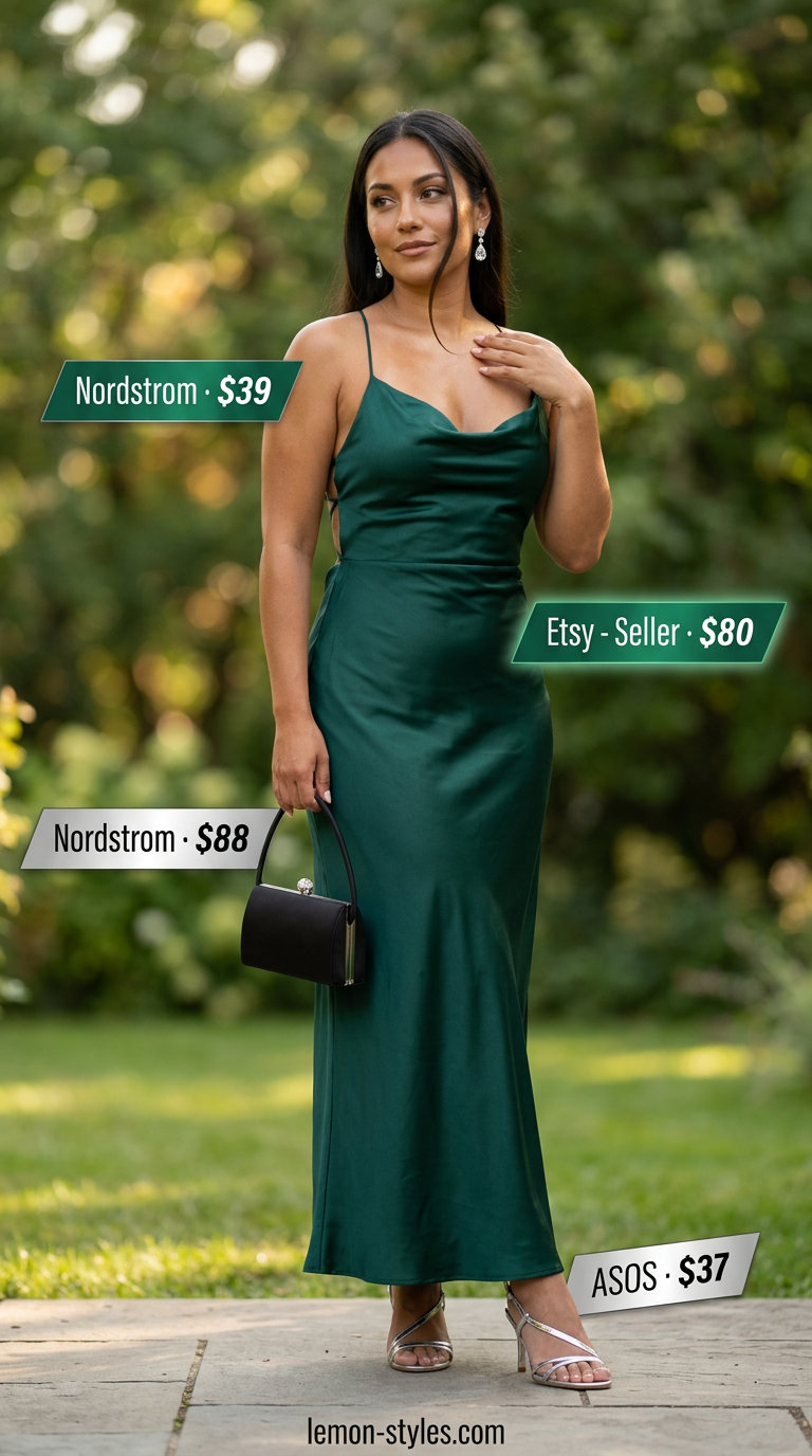 Elegant summer flowy maxi dresses 2026: Emerald green cowl neck maxi dress, silver heels, crystal earrings, and black clutch for vacation evenings.