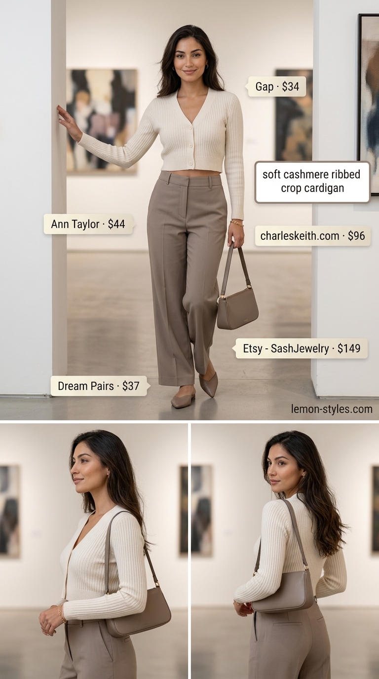 Elevated summer basic outfit for women 2026: Cream trousers, taupe cardigan top, gold jewelry, and nude mules for an art gallery.