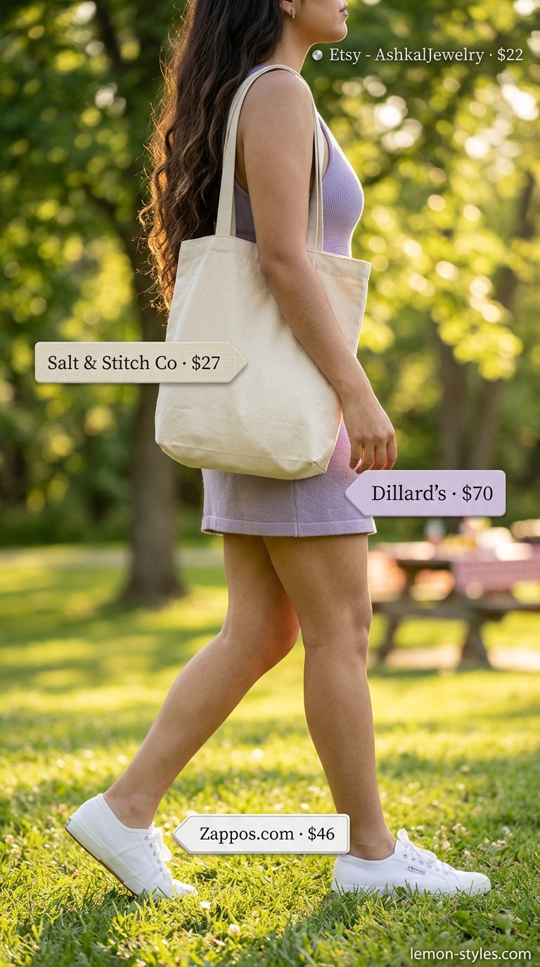 Elevated summer basic outfit for women 2026: Lavender mini dress, canvas tote, white sneakers for a park picnic.