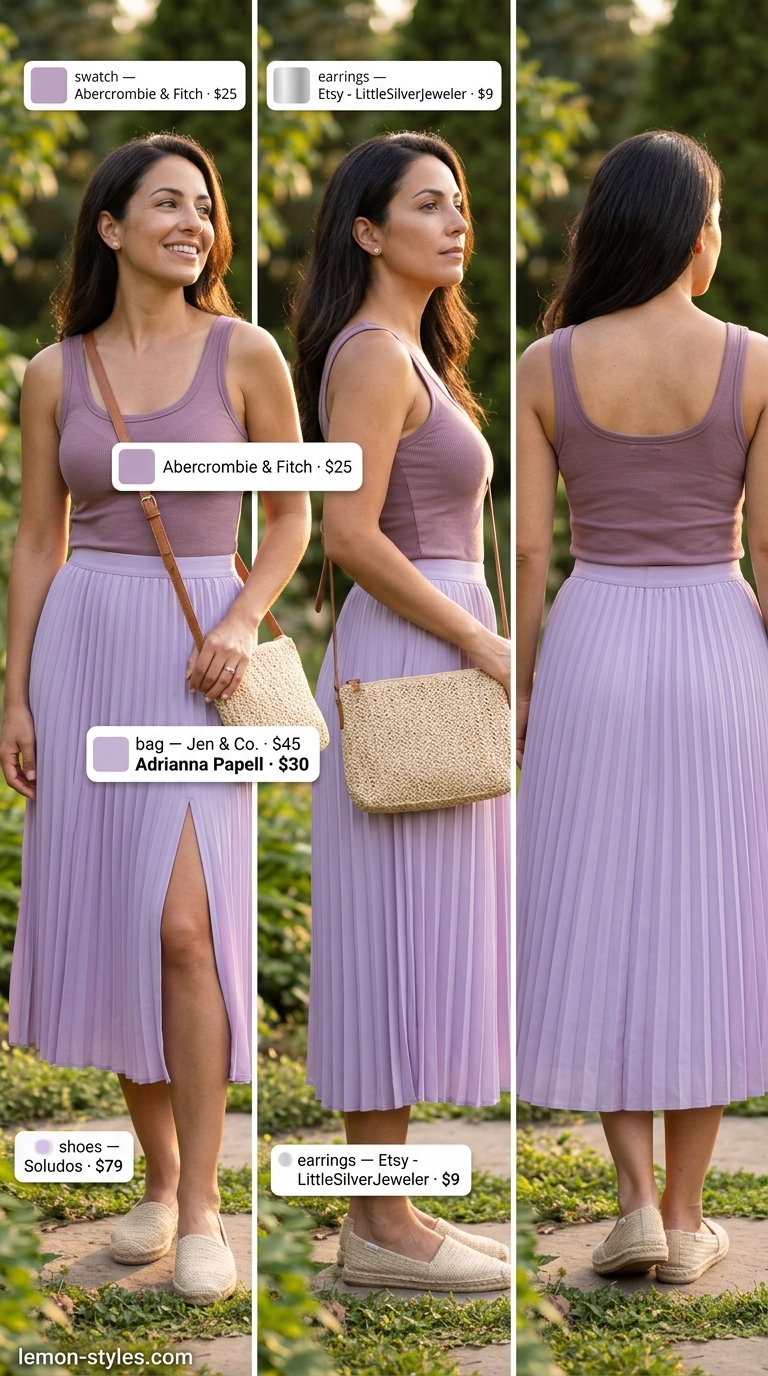 Elevated summer basic outfit for women 2026: Lavender skirt, white tank, straw bag, and espadrilles for a garden party.