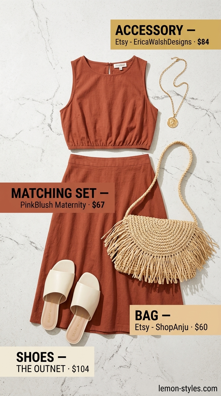 Elevated summer basic outfit for women 2026: Rust matching set, woven bag, gold jewelry for a festival.