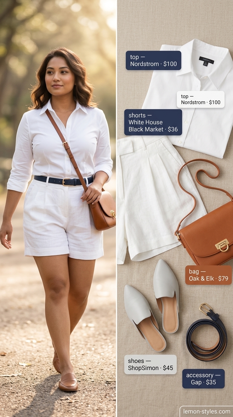 Elevated summer basic outfit for women 2026: Navy shorts, white shirt, cognac accessories for city sightseeing.