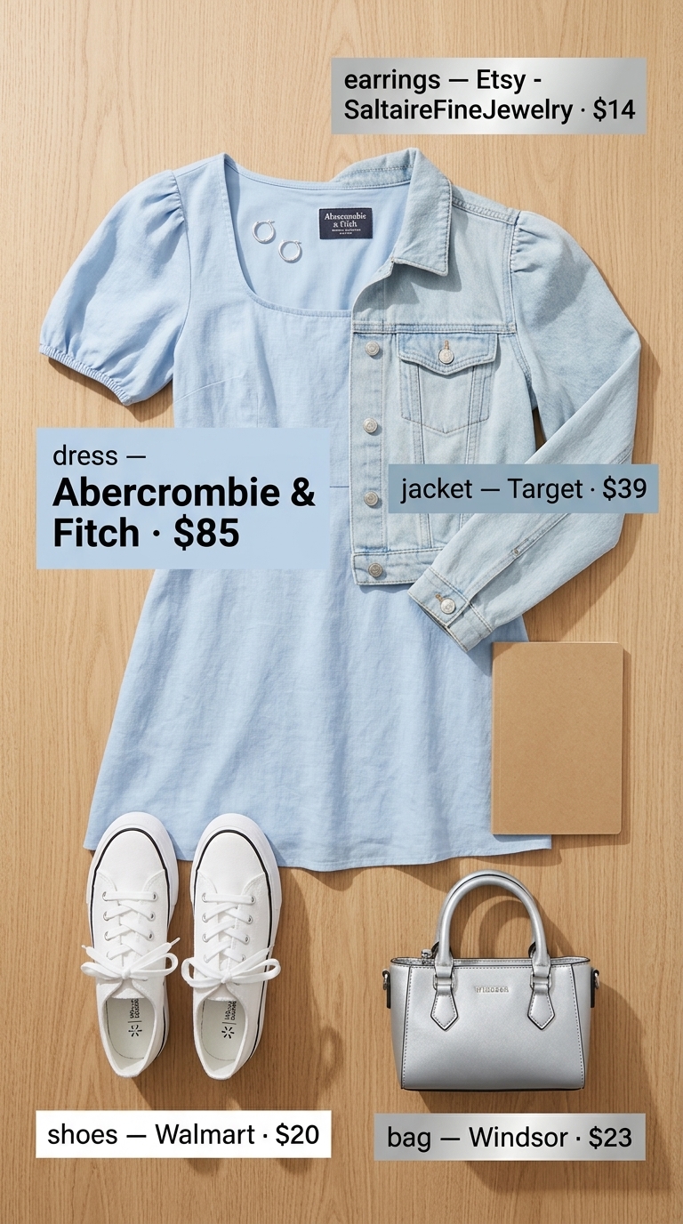Elevated summer basic outfit for women 2026: Powder blue dress, white denim jacket, sneakers for a playful day.