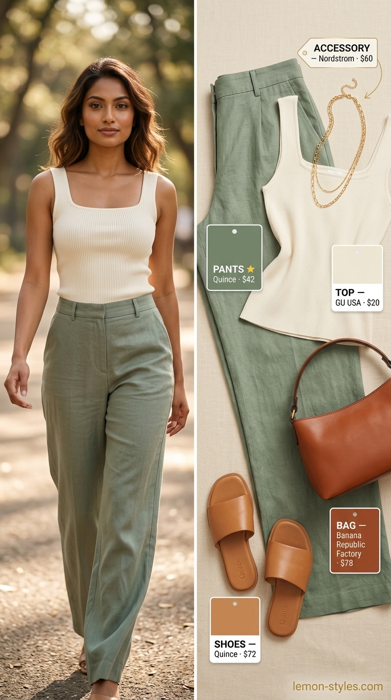 Elevated summer basic outfit for women 2026: Sage green pants, cream top, tan bag for coastal chic.