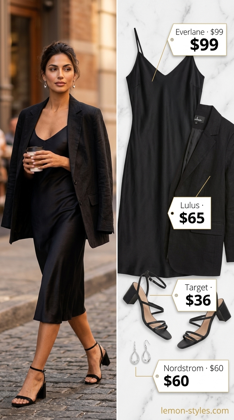 Elevated summer basic outfit for women 2026: Black slip dress, ivory blazer, silver accessories for date night.