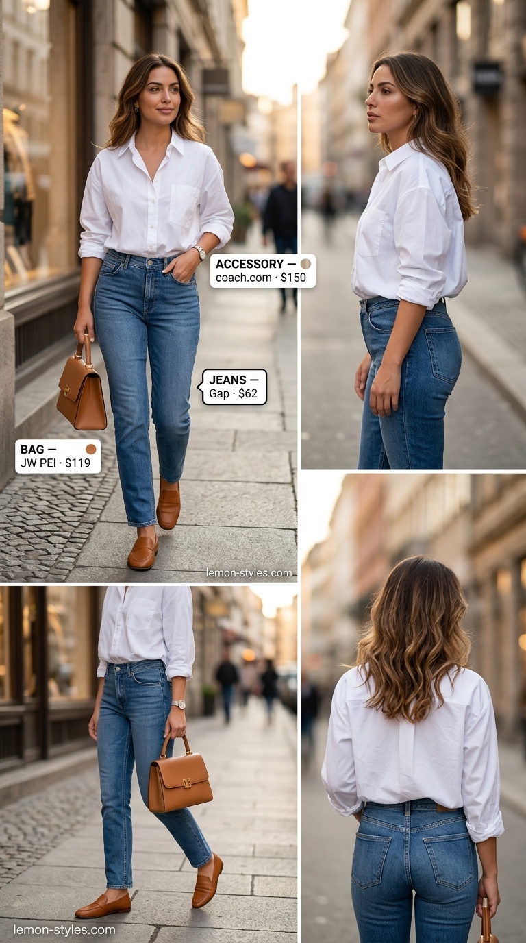 Elevated summer basic outfit for women 2026: White shirt, straight-leg jeans, loafers for weekend city exploration.