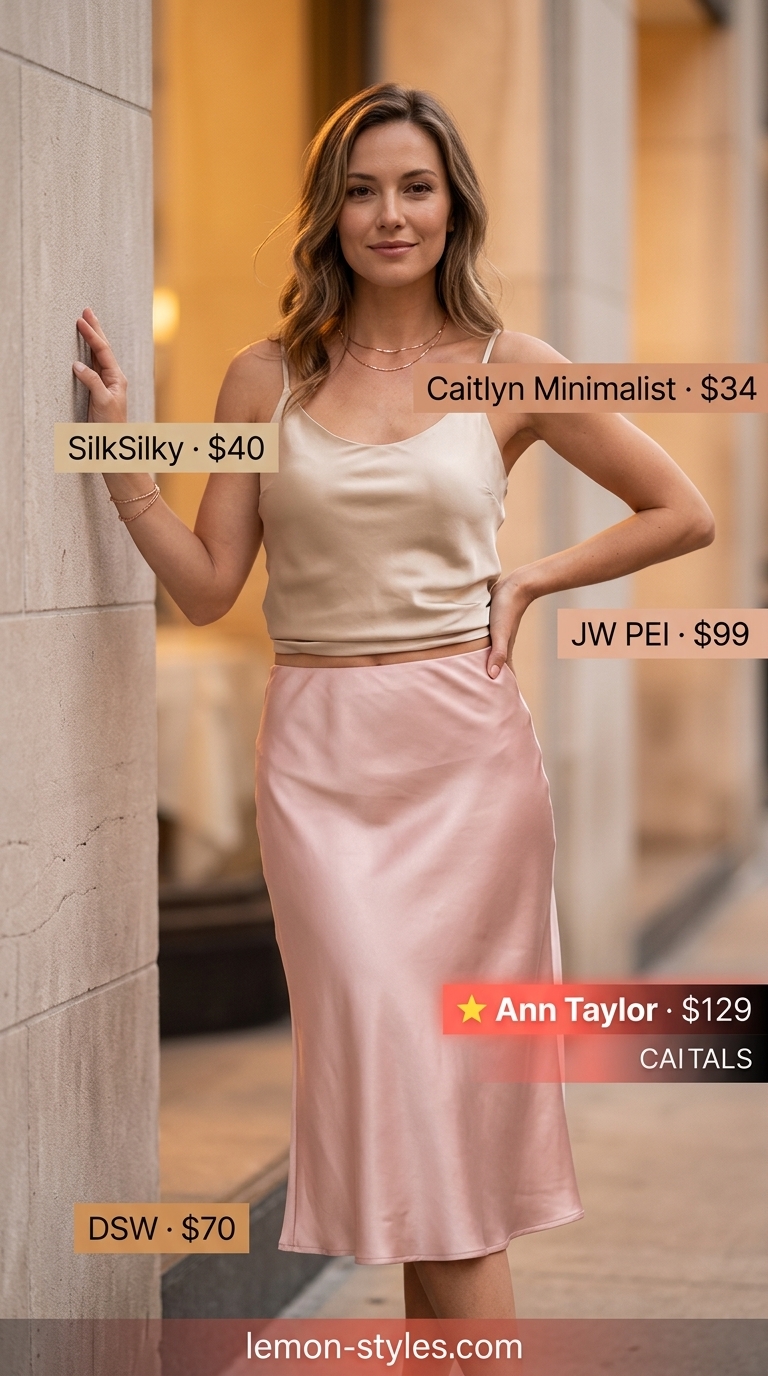 Elevated summer basic outfit for women 2026: Blush pink satin skirt, cream camisole, rose gold sandals, and clutch.