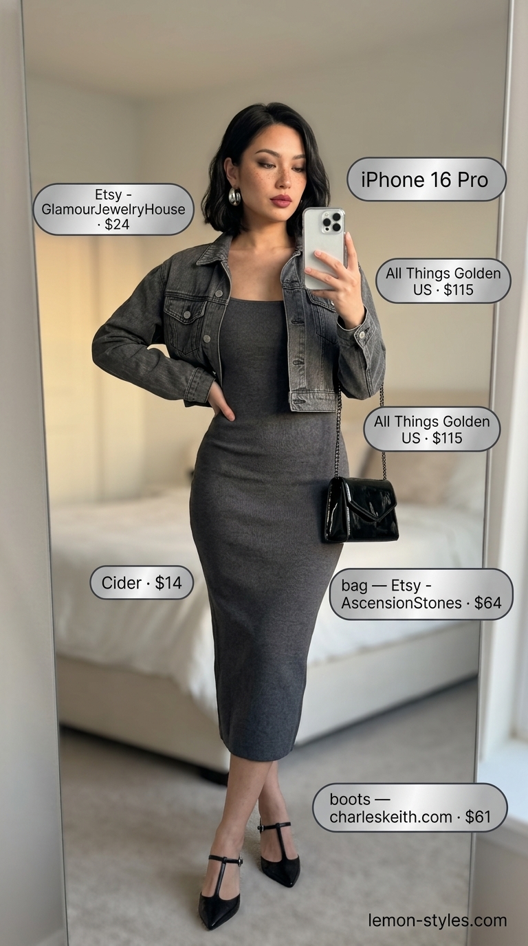 Elevated summer basic outfit for women 2026: Charcoal bodycon dress, black denim jacket, and silver accessories for a night out.