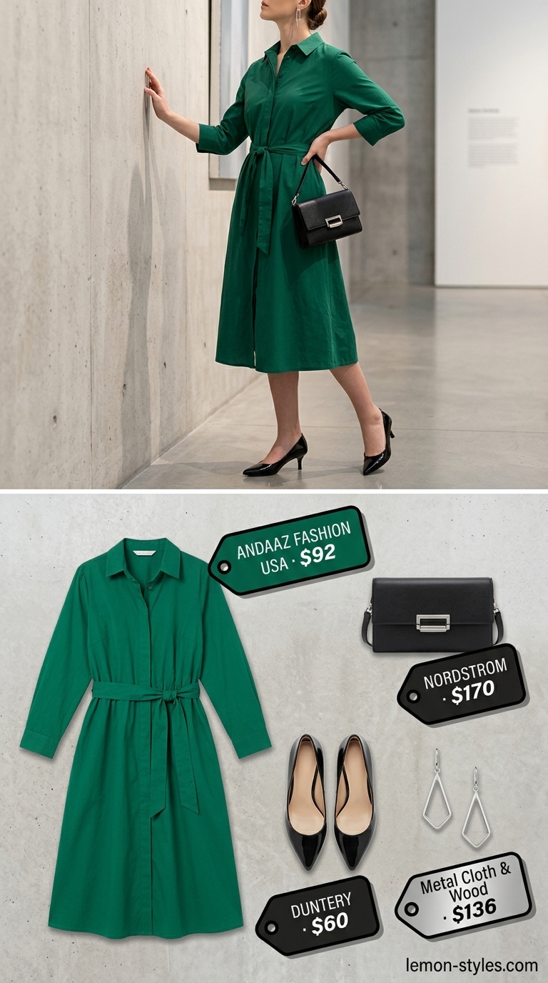 Elevated summer basic outfit for women 2026: Emerald green midi shirt dress, black mules, and silver earrings for an art gallery opening.