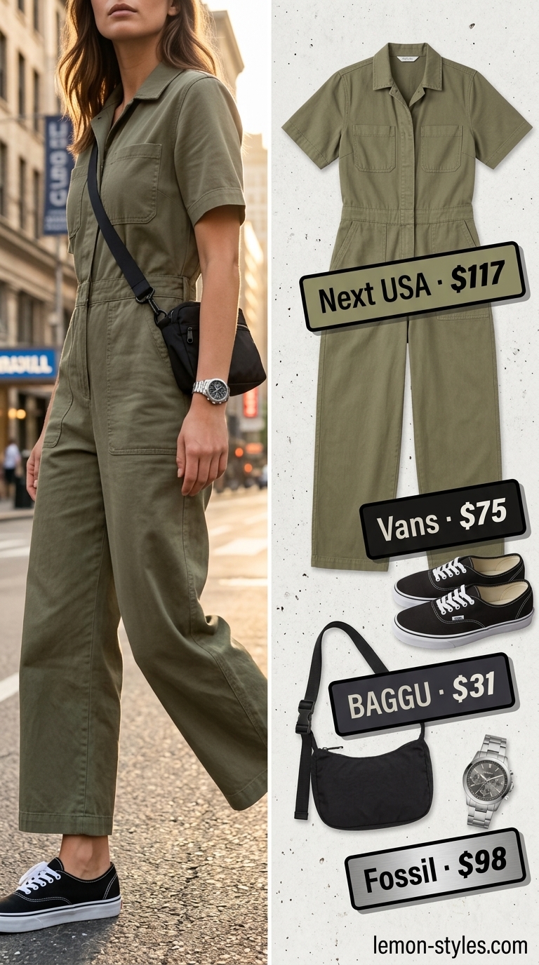 Elevated summer basic outfit for women 2026: Khaki green jumpsuit, off-white sneakers, black crossbody bag, and gold watch.