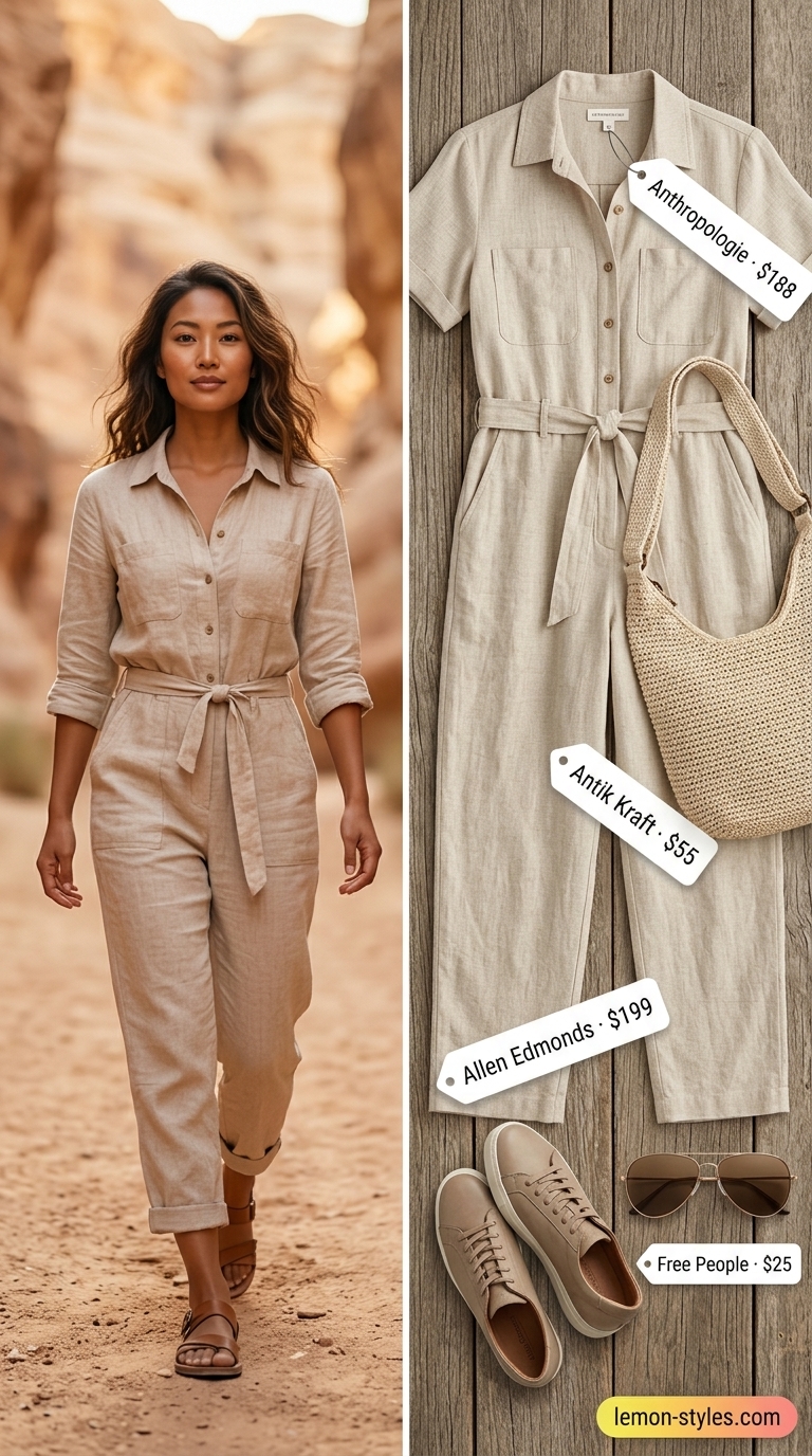 Elevated summer basic outfit for women 2026: Oatmeal utility jumpsuit, white sneakers, and aviators for a modern travel look.