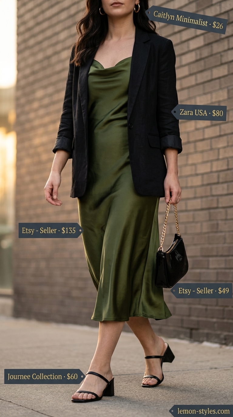 Elevated summer basic outfit for women 2026: Olive green satin midi slip dress, black blazer, gold hoops, and strappy heels.