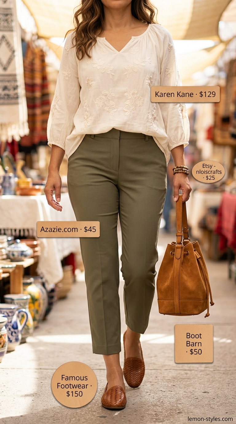 Elevated summer basic outfit for women 2026: Olive green trousers, cream peasant blouse, brown suede bucket bag, and ballet flats.