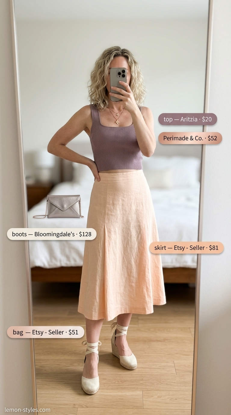 Elevated summer basic outfit for women 2026: Peach A-line skirt, ecru knit top, rose gold clutch, and espadrilles.