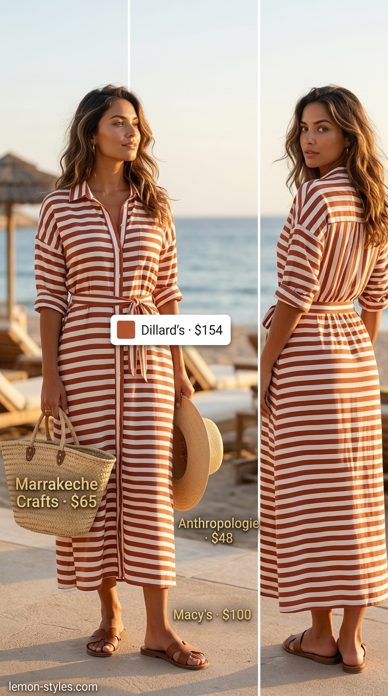 Elevated summer basic outfit for women 2026: Terracotta stripe maxi dress, straw hat, and leather slides for a relaxed vacation look.