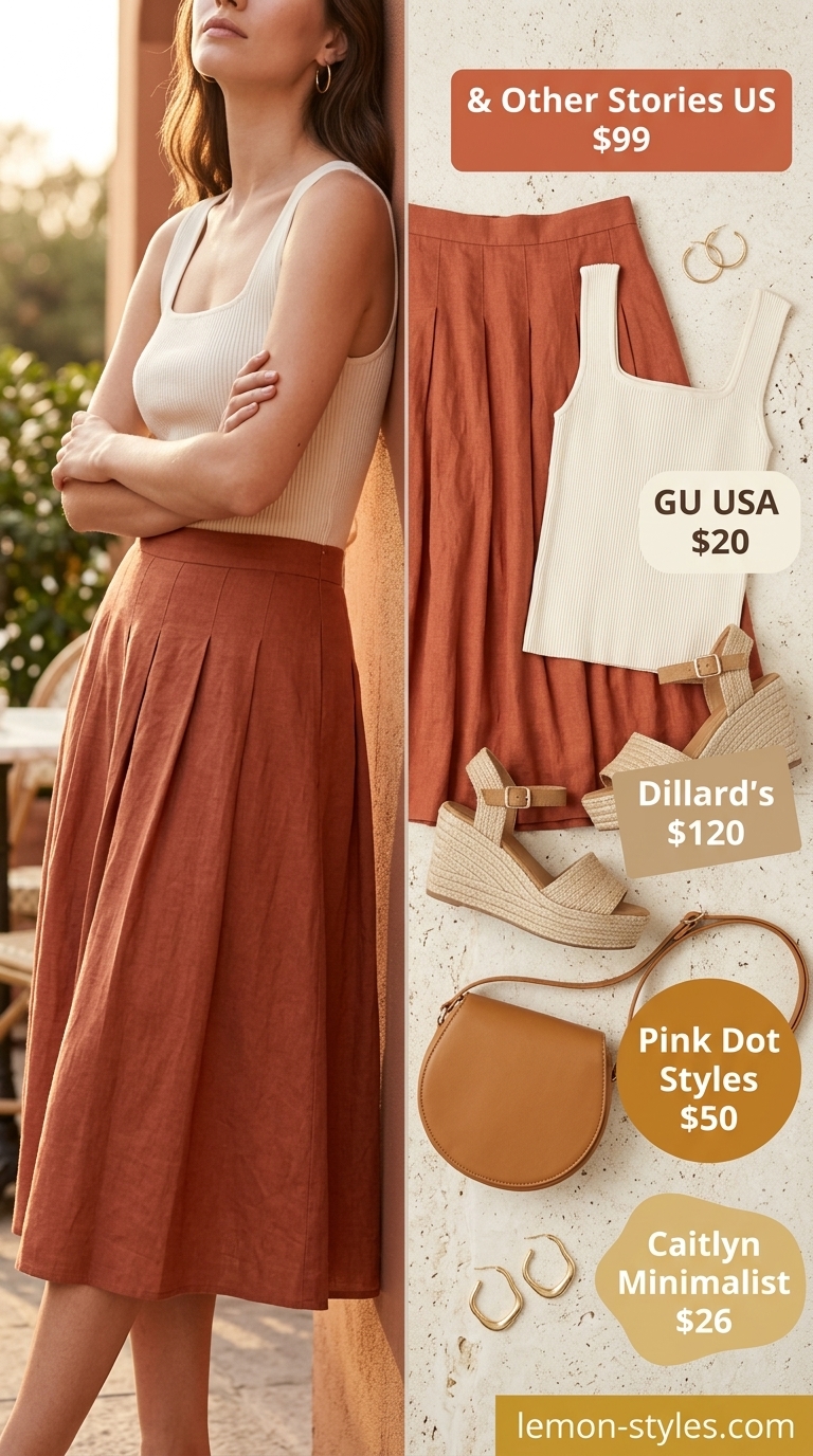 Elevated summer basic outfit for women 2026: Terracotta shorts, cream knit top, and espadrille wedges for a chic outdoor lunch.