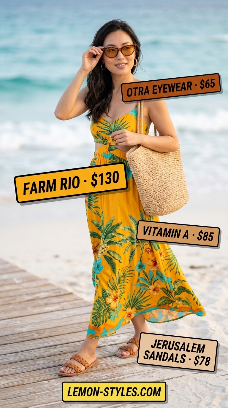 Elevated summer basic outfit for women 2026: Tropical floral maxi dress, straw hat, woven tote, and flat sandals.