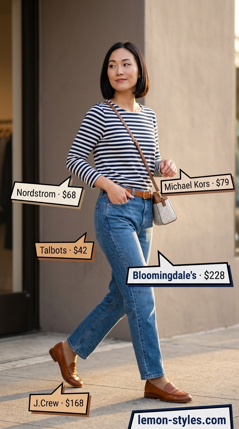 Elevated summer basic outfit for women 2026: White jeans, Breton stripe tee, loafers, and red belt for a classic weekend look.